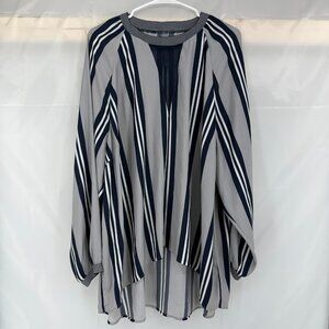 Melissa McCarthy Women 3X Striped Blouse Long Sleeve Gray Blue Hi Low Hem Top